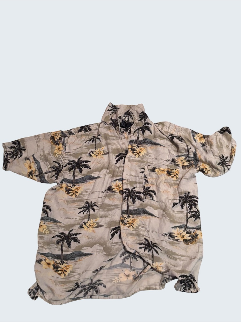 Tan Hawaiian Shirt With Yellow Floral and Green Palms